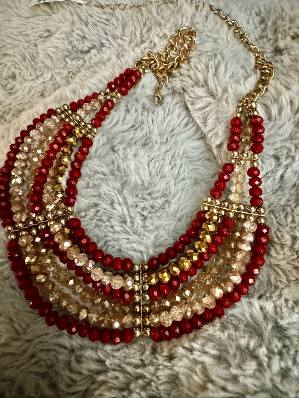 Statement Piece Red and Gold Multi-Strand Necklace acrylic and glass beads - Picture 10 of 11